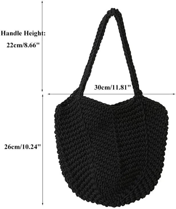 Women Cotton Woven Handmade Shoulder Bag Tote Handbag Summer Beach Purse for Holiday Vacation Casual Hobo Black