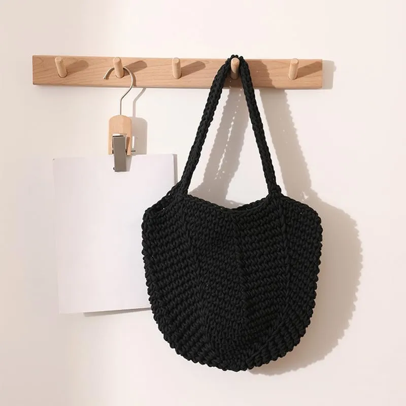 Women Cotton Woven Handmade Shoulder Bag Tote Handbag Summer Beach Purse for Holiday Vacation Casual Hobo Black