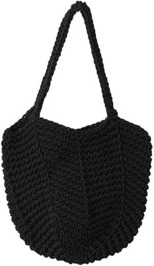 Women Cotton Woven Handmade Shoulder Bag Tote Handbag Summer Beach Purse for Holiday Vacation Casual Hobo Black
