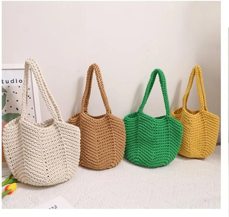 Women Cotton Woven Handmade Shoulder Bag Tote Handbag Summer Beach Purse for Holiday Vacation Casual Hobo Black