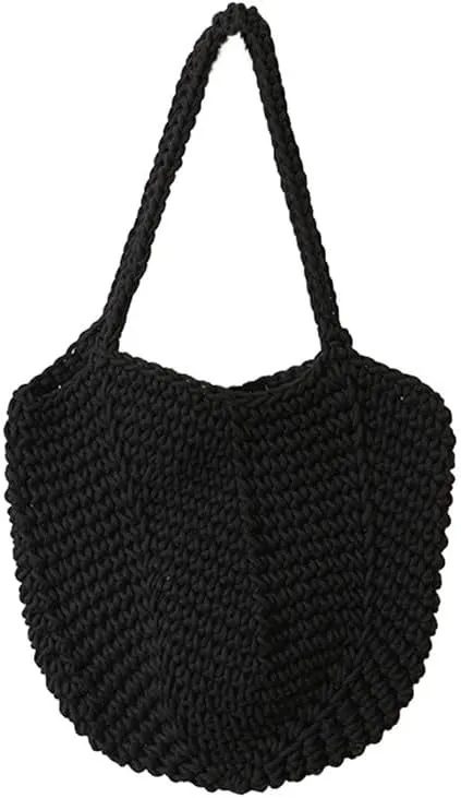 Women Cotton Woven Handmade Shoulder Bag Tote Handbag Summer Beach Purse for Holiday Vacation Casual Hobo Black