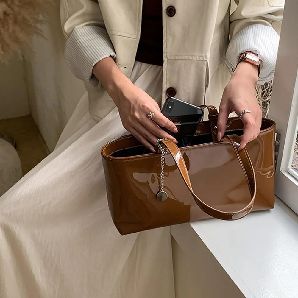 Women Patent Leather Handbag PU Leather Fashion Shoulder Bag Large Capacity Casual Tote Handbag Female Travel Work B