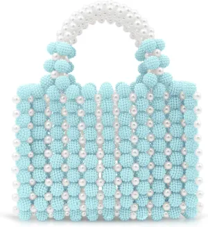 Women Pearl Purse,Pearl Clutch, Evening Bags, Square Artificial Pearl Clutch, White Purse for Party Wedding Travel(Blue)