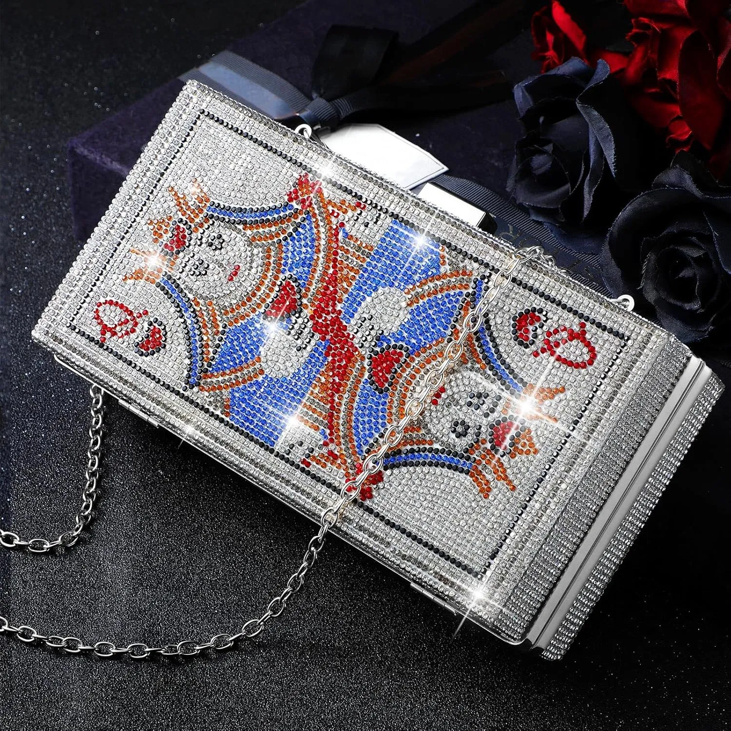 Women Poker Card Evening Clutch Rhinestone Purse Casino Vegas Novelty Purse Queen Hearts Bags Playing Cards Gift