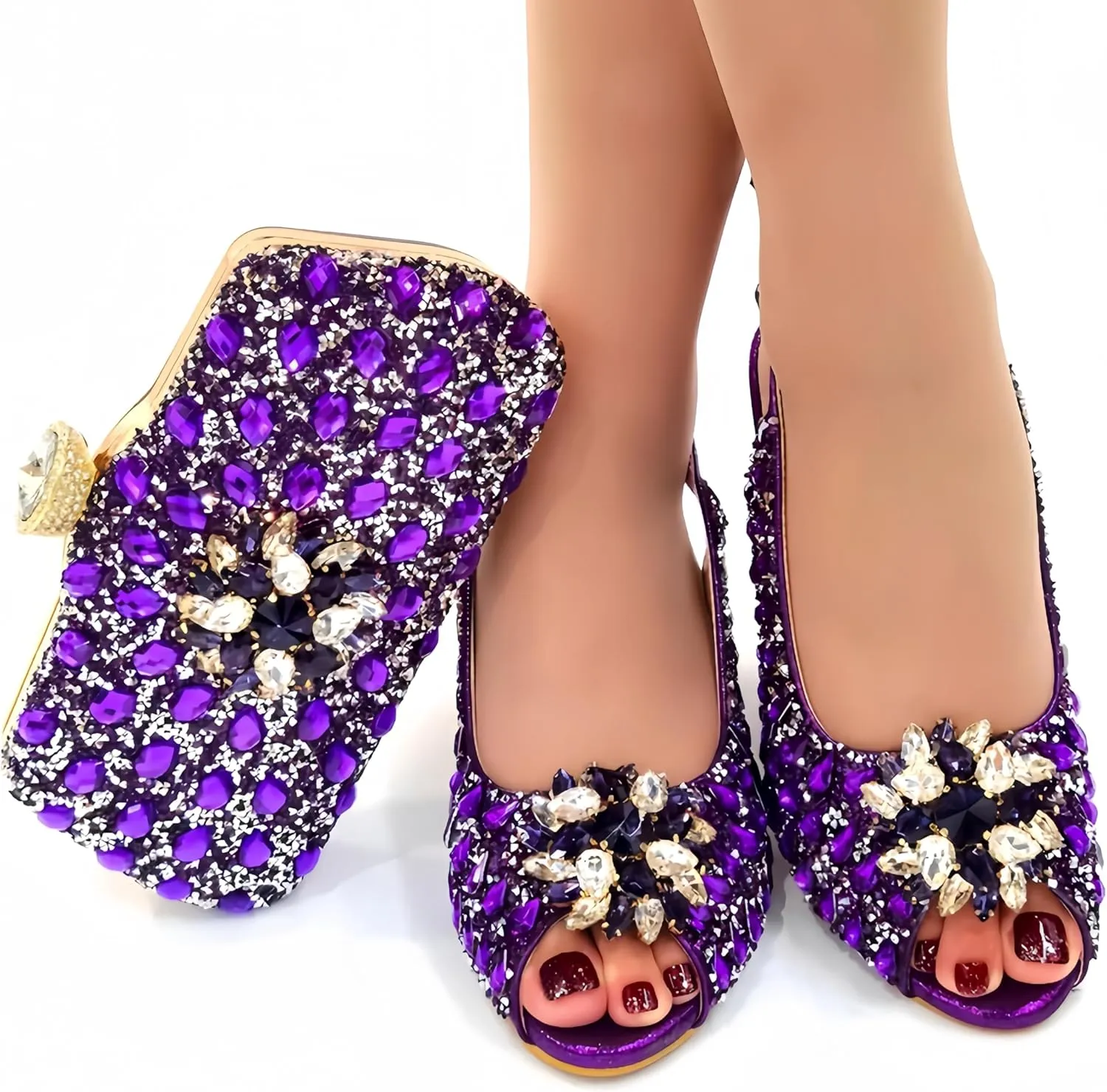 Women Shoes and Bag Set for Evening Party Wedding Italian Style High Heels African Decorated with Rhinestone