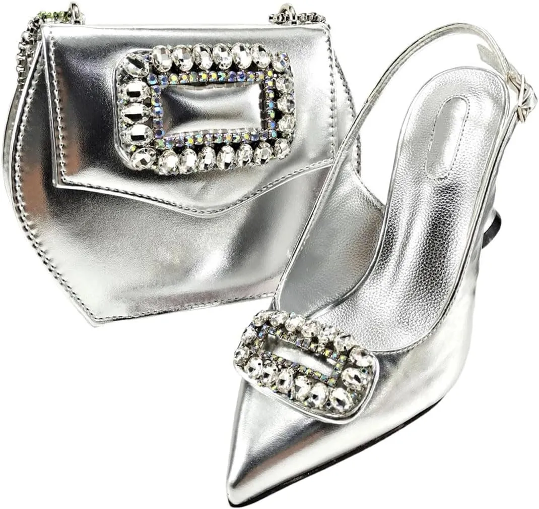 Women’S Heels Pointed Toe Sandals Wedding Party Shoes And Bags Set High Heels Slingbacks Pumps
