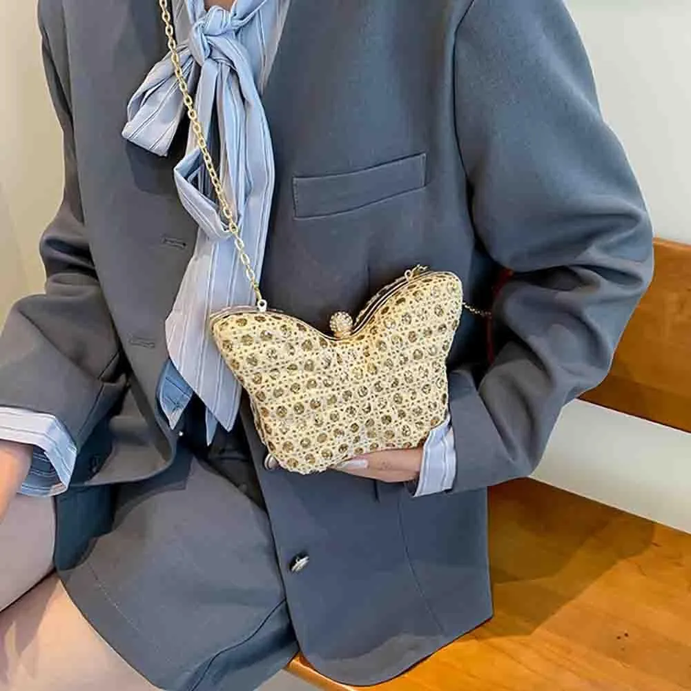 Women's Hollow Butterfly Shoulder Bag, Luxury Glitter Rhinestone Chain Evening Purse, Cute Wedding Party Bridal Prom Handbag
