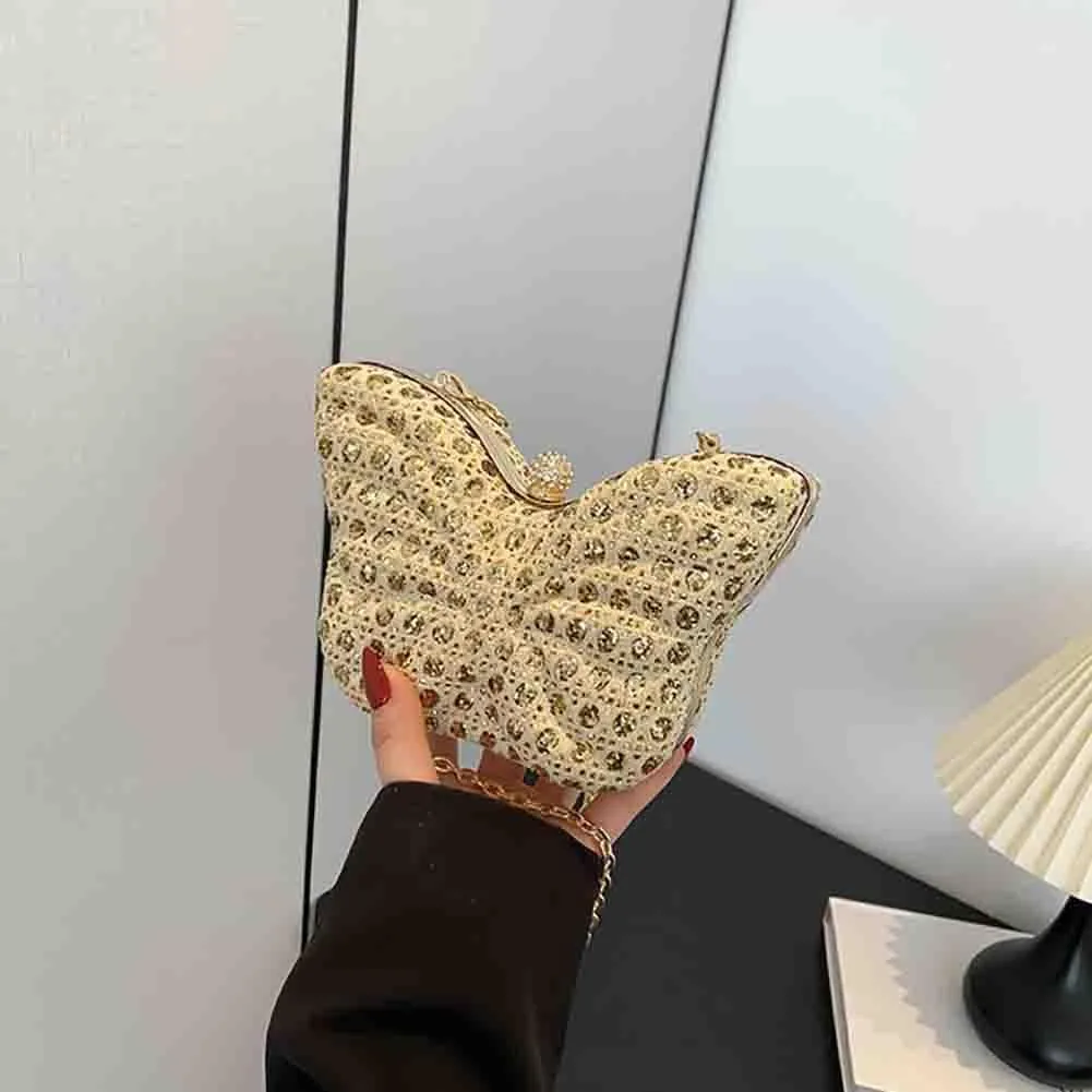 Women's Hollow Butterfly Shoulder Bag, Luxury Glitter Rhinestone Chain Evening Purse, Cute Wedding Party Bridal Prom Handbag
