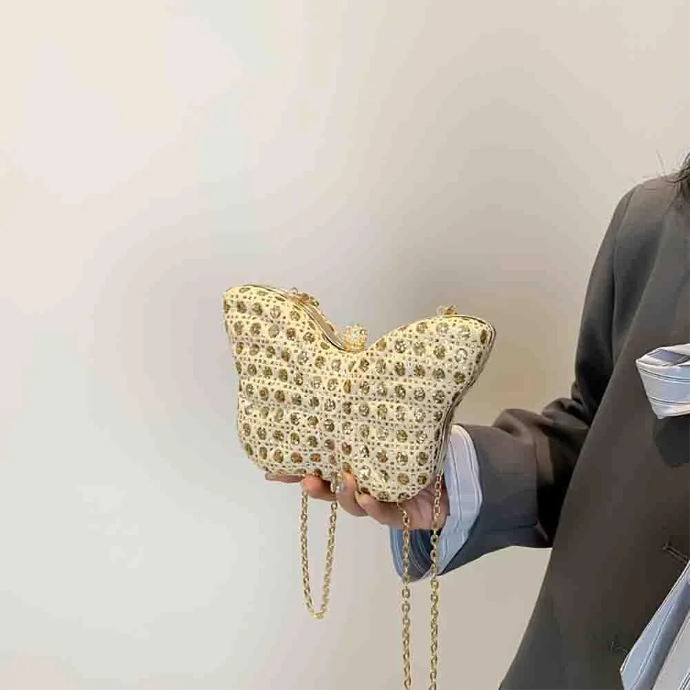 Women's Hollow Butterfly Shoulder Bag, Luxury Glitter Rhinestone Chain Evening Purse, Cute Wedding Party Bridal Prom Handbag