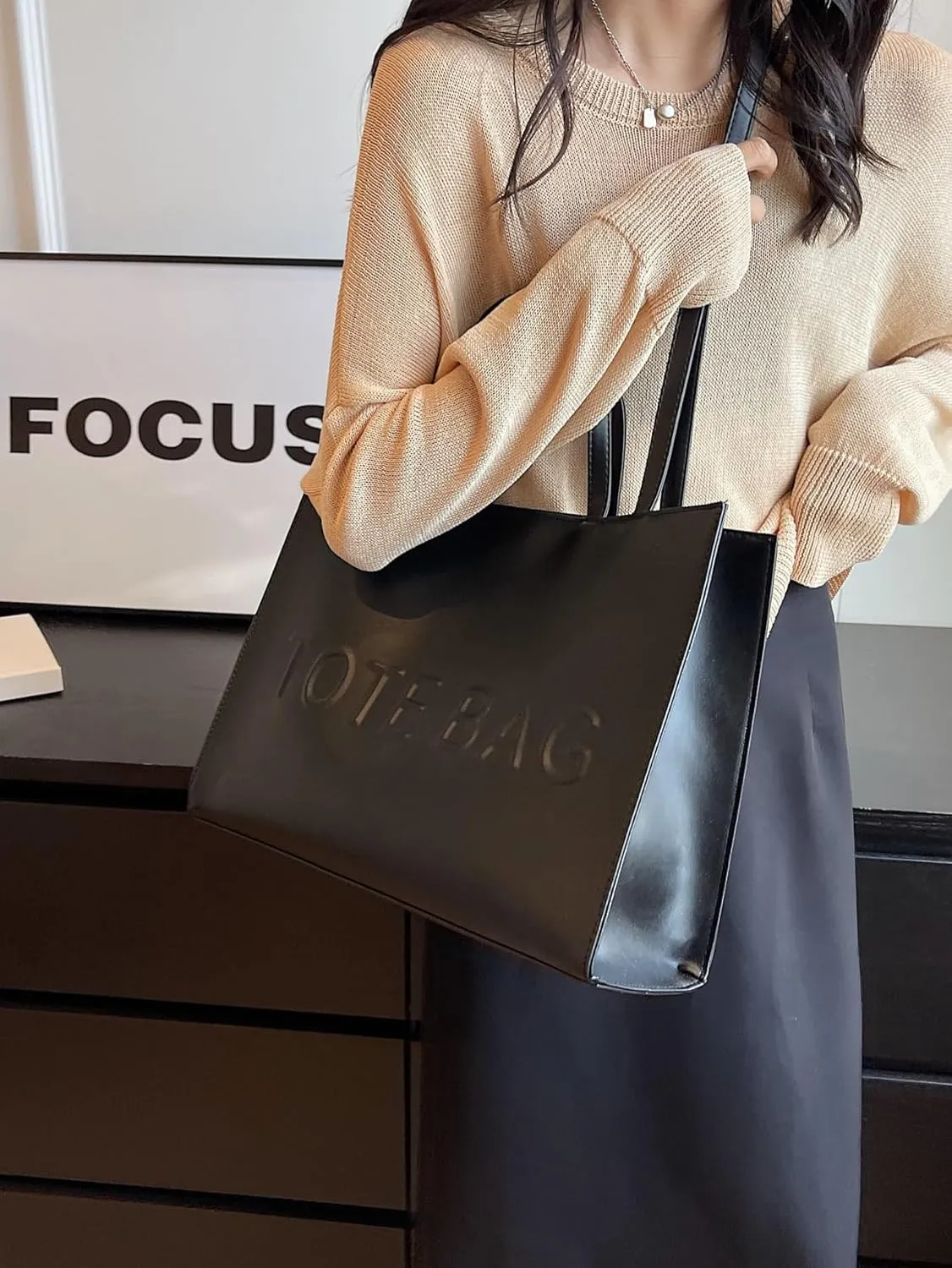 Women's Laptop Tote Bag Faux Leather Laptop Bag Work Shoulder Bags Large Capacity Computer Bag Black one-size