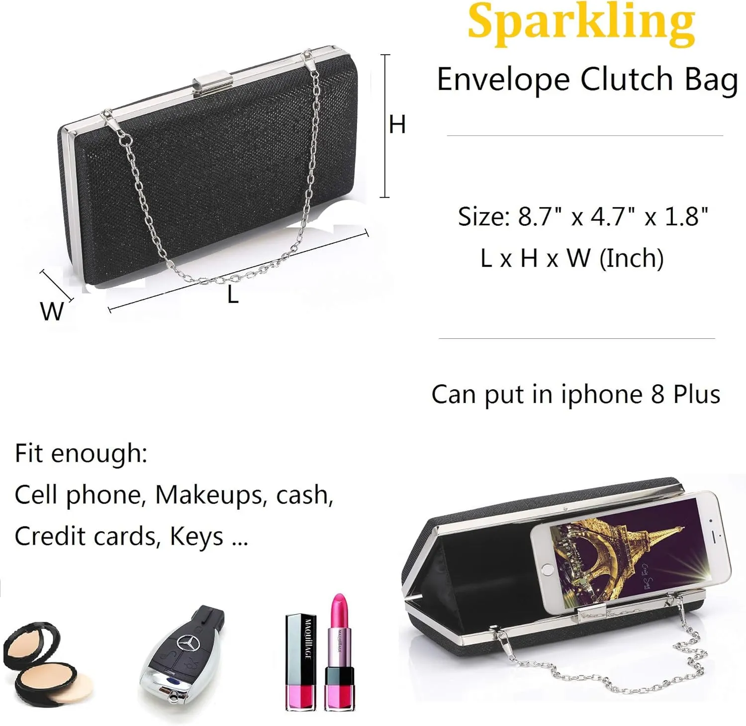 Womens Vintage Envelope Clutch Silver Evening Handbag For Cocktail/Wedding/Party