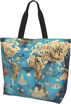 World Geography Map print Single shoulder shopping bag, reusable handbag,Fit for work and shopping