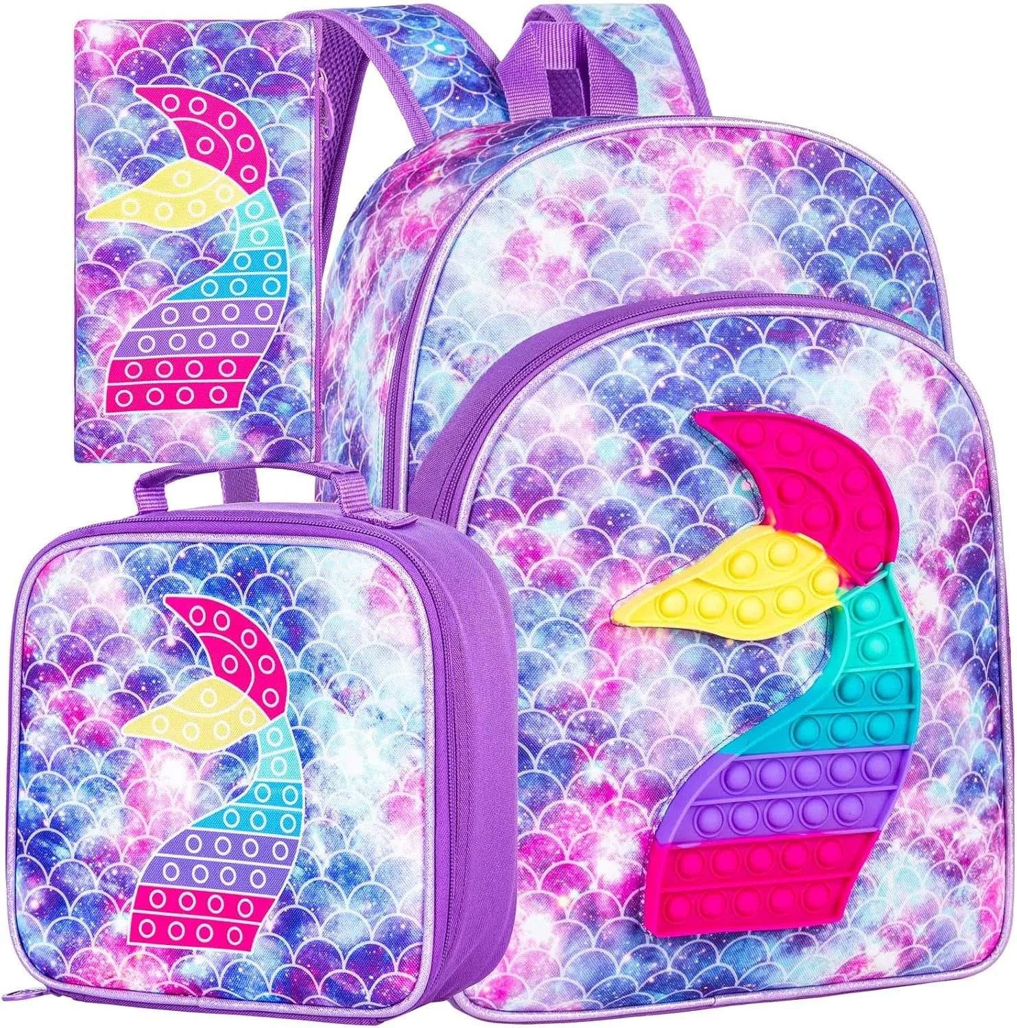 WZLVO Kids Backpack for Girls,Unicorn Mermaid Prechool Elementary Kindergarten School Bookbag and Lunch Box