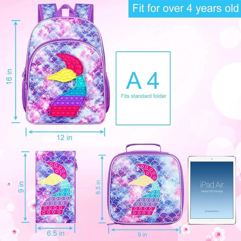 WZLVO Kids Backpack for Girls,Unicorn Mermaid Prechool Elementary Kindergarten School Bookbag and Lunch Box