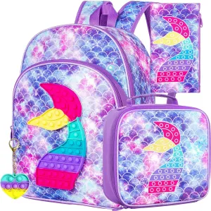WZLVO Kids Backpack for Girls,Unicorn Mermaid Prechool Elementary Kindergarten School Bookbag and Lunch Box
