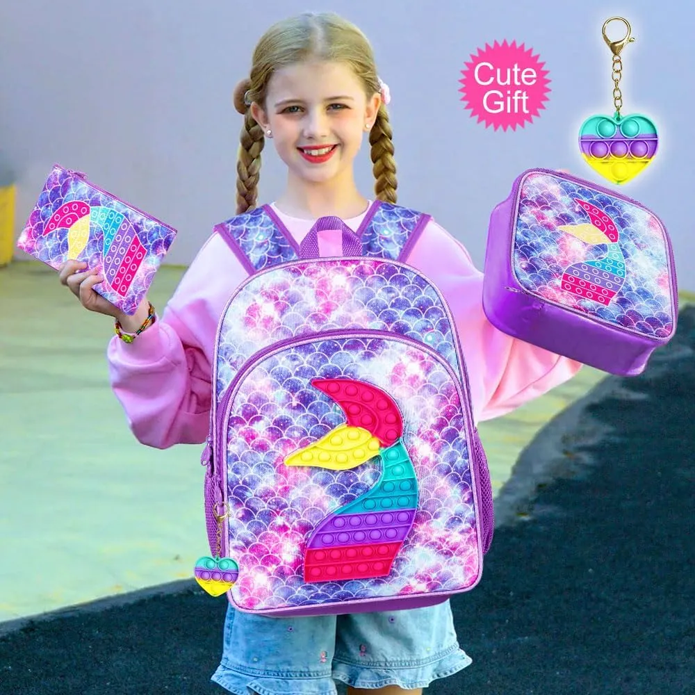 WZLVO Kids Backpack for Girls,Unicorn Mermaid Prechool Elementary Kindergarten School Bookbag and Lunch Box