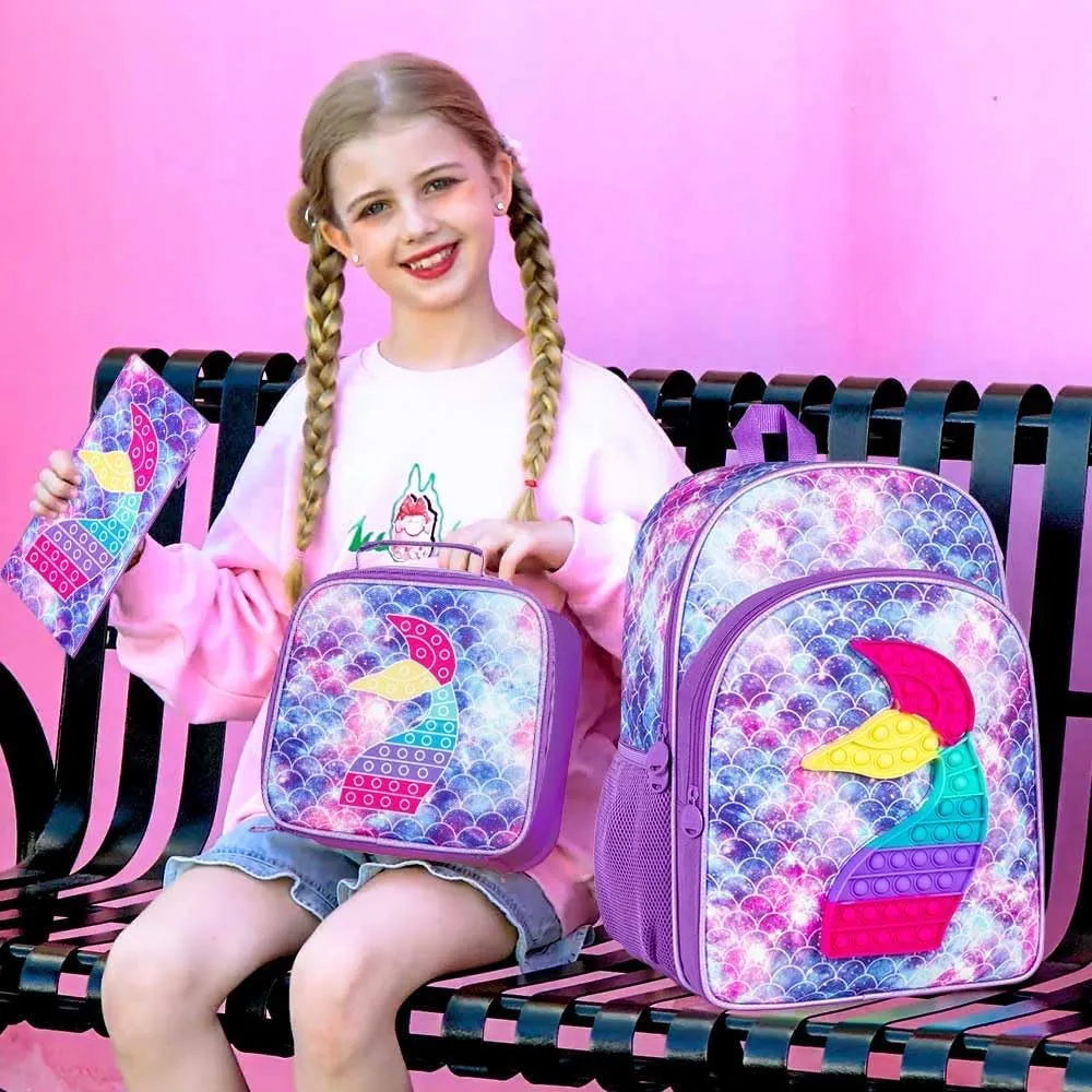 WZLVO Kids Backpack for Girls,Unicorn Mermaid Prechool Elementary Kindergarten School Bookbag and Lunch Box