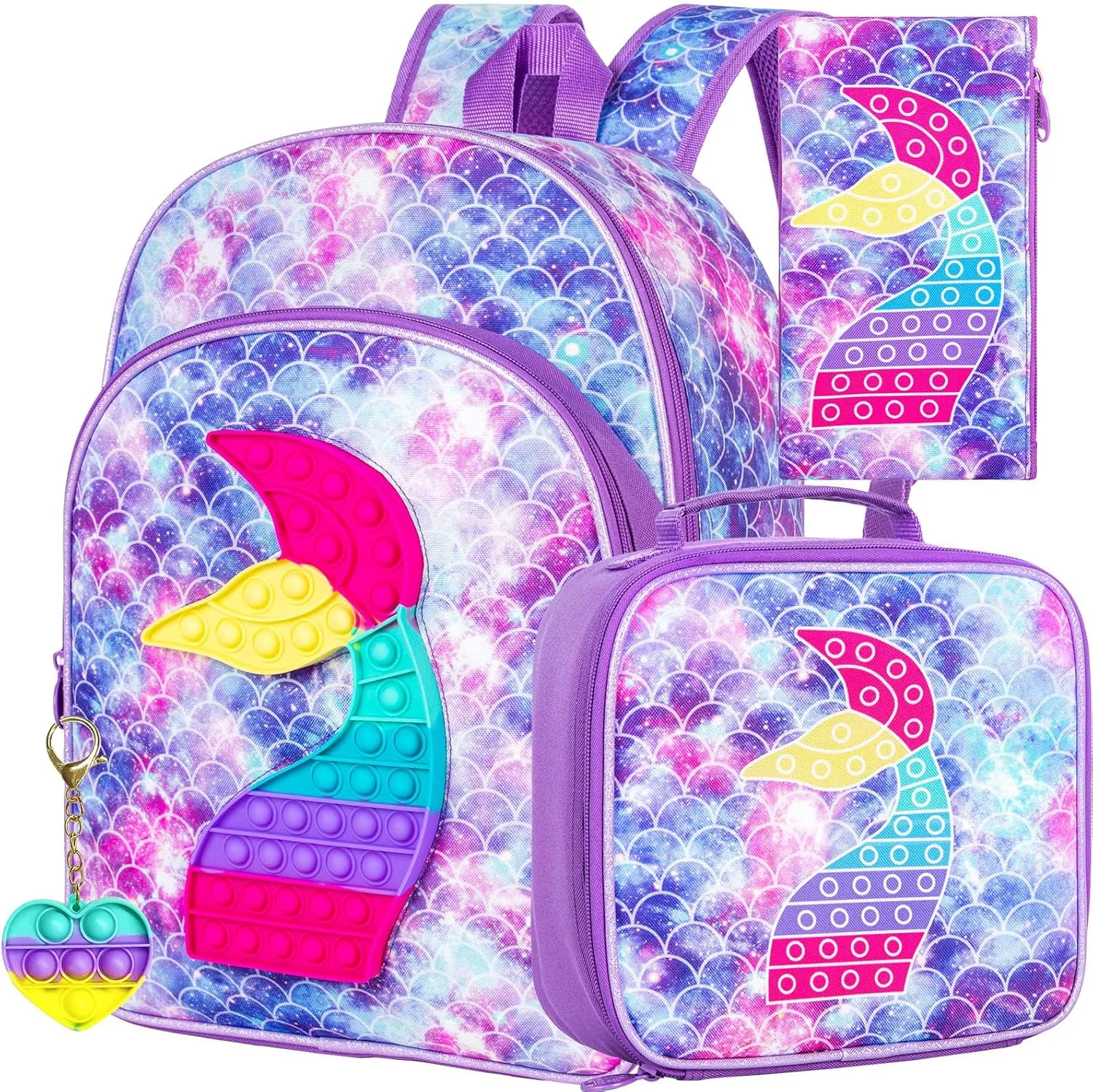 WZLVO Kids Backpack for Girls,Unicorn Mermaid Prechool Elementary Kindergarten School Bookbag and Lunch Box