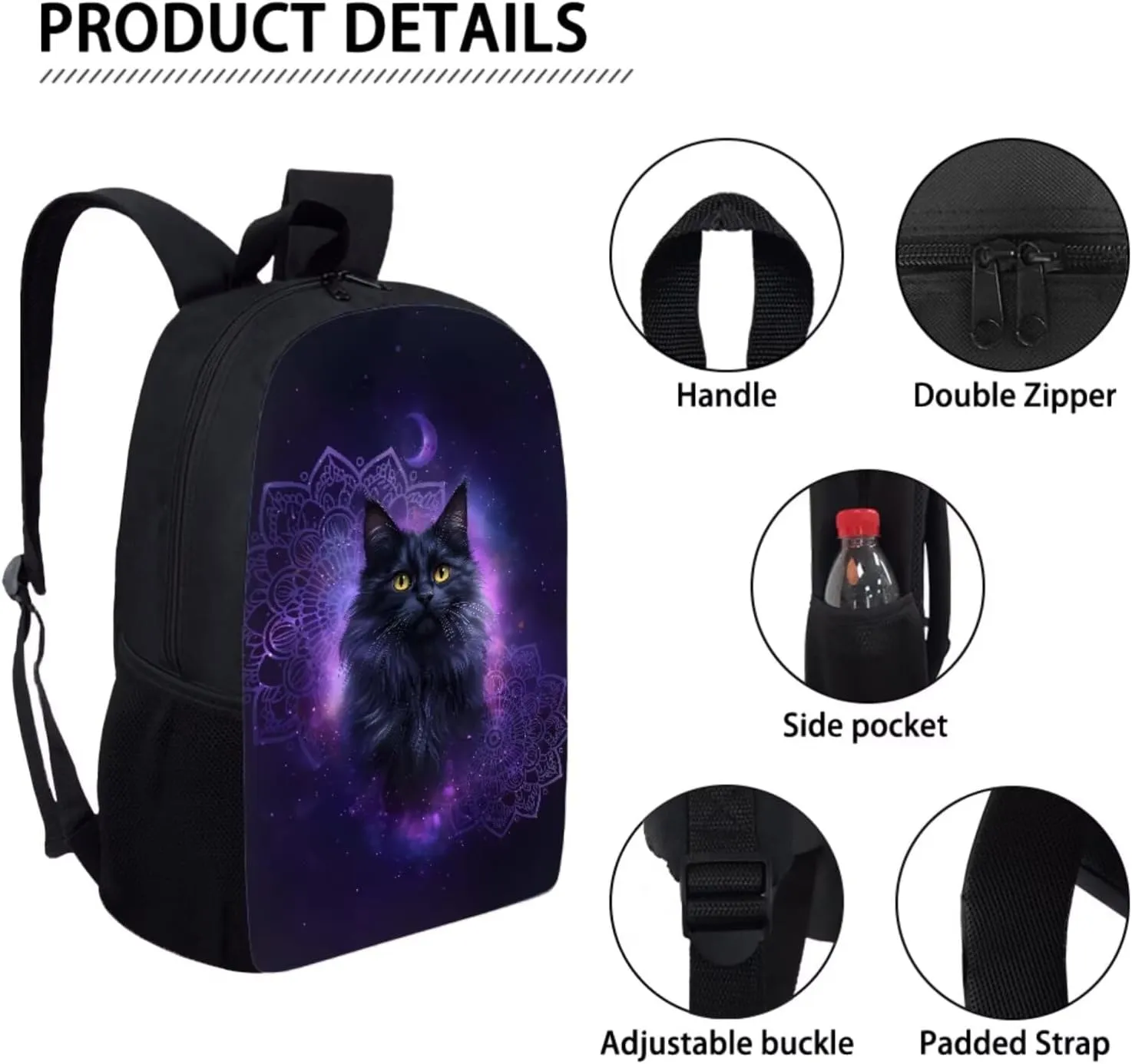 Xoenoiee Boho Mandala Black Cat Galaxy Pattern Kids Backpack Set for Boys Girls School Bookbag Lunch Bag Pencil Bag 3 in 1 Set Teens Student School Daypack