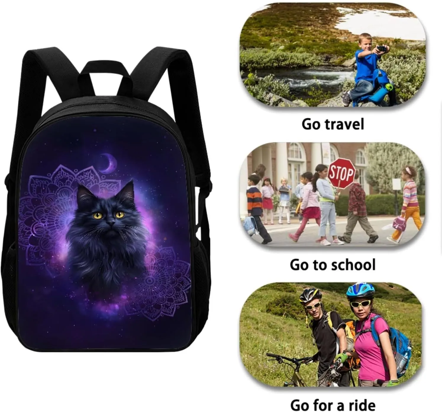 Xoenoiee Boho Mandala Black Cat Galaxy Pattern Kids Backpack Set for Boys Girls School Bookbag Lunch Bag Pencil Bag 3 in 1 Set Teens Student School Daypack