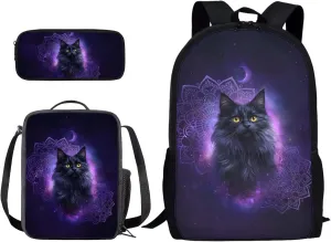 Xoenoiee Boho Mandala Black Cat Galaxy Pattern Kids Backpack Set for Boys Girls School Bookbag Lunch Bag Pencil Bag 3 in 1 Set Teens Student School Daypack