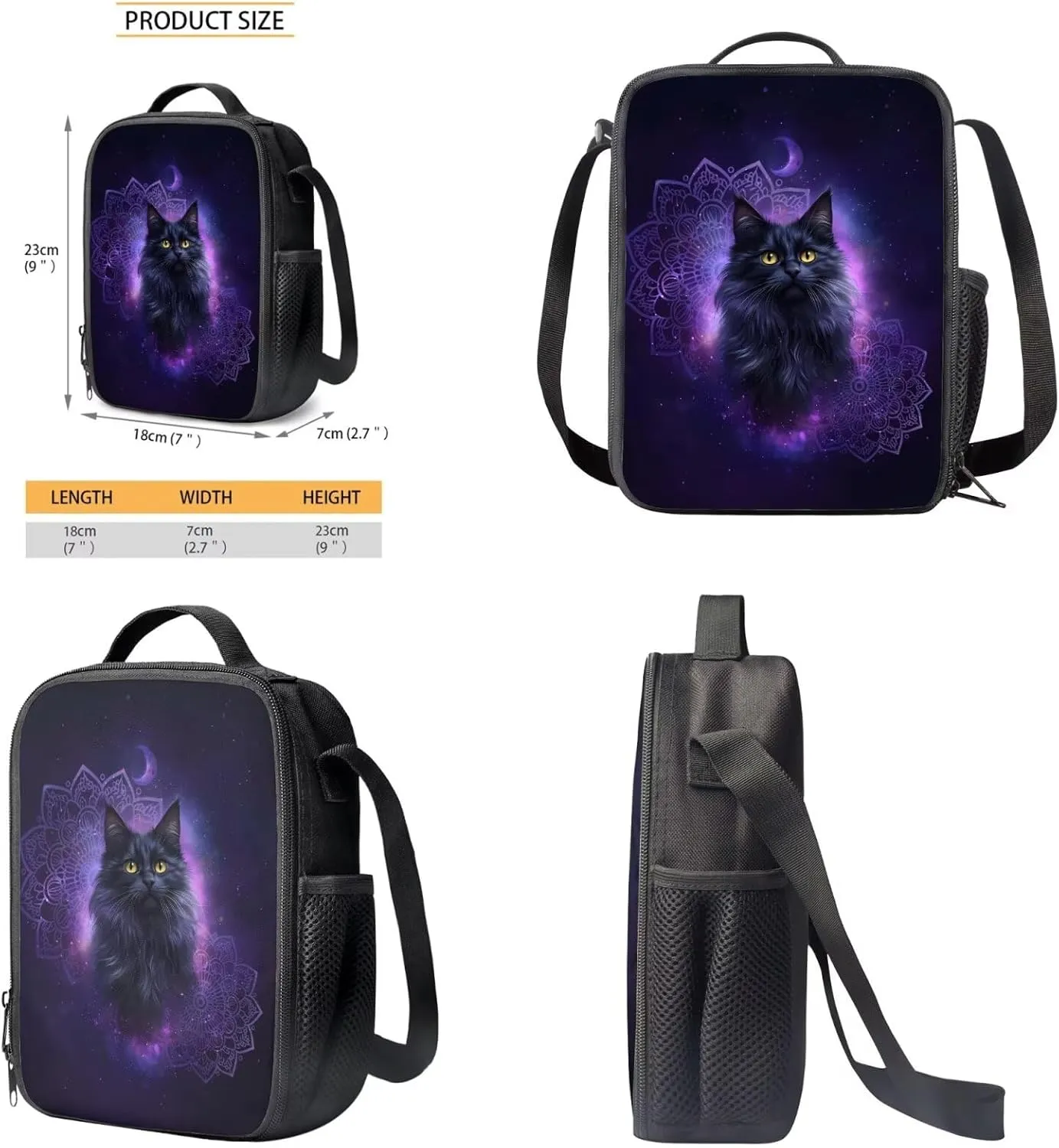 Xoenoiee Boho Mandala Black Cat Galaxy Pattern Kids Backpack Set for Boys Girls School Bookbag Lunch Bag Pencil Bag 3 in 1 Set Teens Student School Daypack