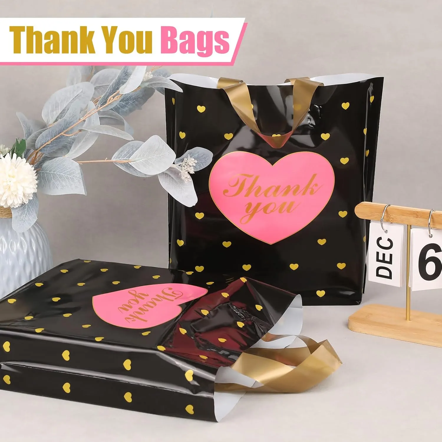 XPCARE 100 PCS Thank You Bag Gift Bags, 12x14 Inch Black Gift Bag with Handle,Reusable Plastic Shopping Bags for Business Small,Boutique Stores, Retail Stores,Party