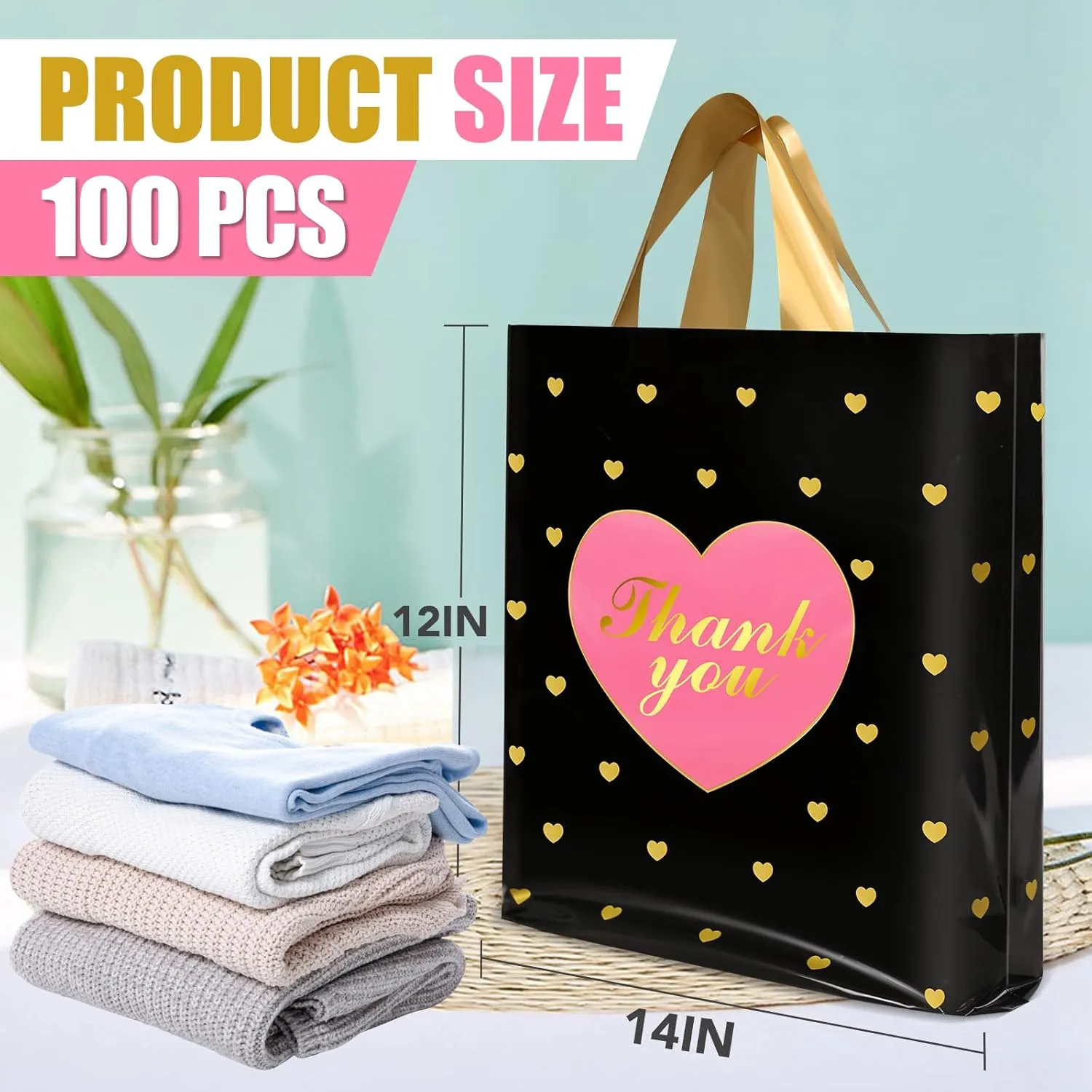 XPCARE 100 PCS Thank You Bag Gift Bags, 12x14 Inch Black Gift Bag with Handle,Reusable Plastic Shopping Bags for Business Small,Boutique Stores, Retail Stores,Party