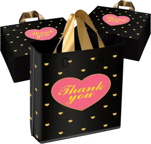 XPCARE 100 PCS Thank You Bag Gift Bags, 12x14 Inch Black Gift Bag with Handle,Reusable Plastic Shopping Bags for Business Small,Boutique Stores, Retail Stores,Party