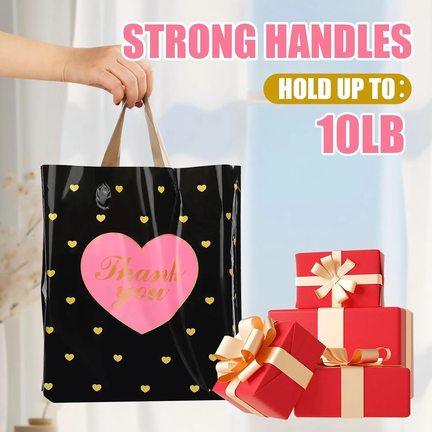 XPCARE 100 PCS Thank You Bag Gift Bags, 12x14 Inch Black Gift Bag with Handle,Reusable Plastic Shopping Bags for Business Small,Boutique Stores, Retail Stores,Party