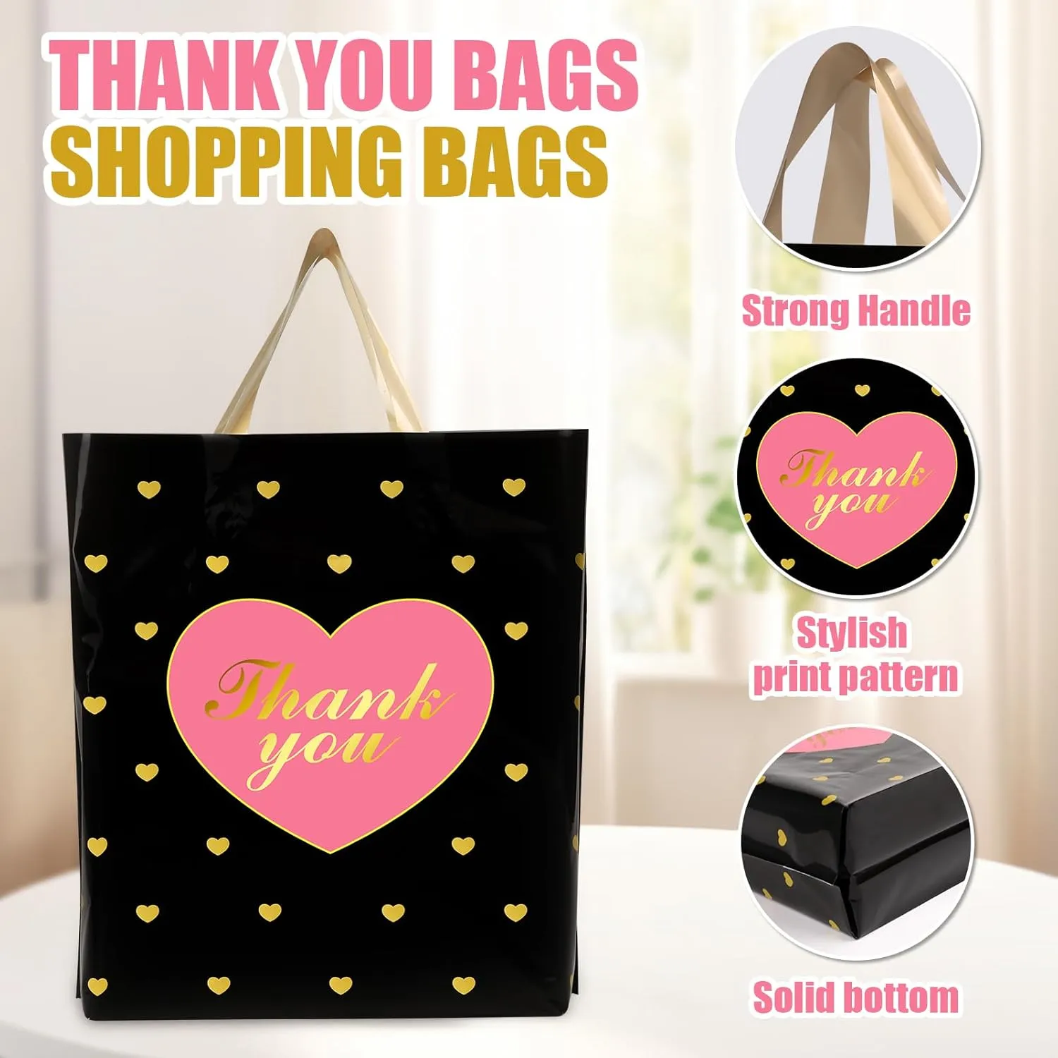 XPCARE 100 PCS Thank You Bag Gift Bags, 12x14 Inch Black Gift Bag with Handle,Reusable Plastic Shopping Bags for Business Small,Boutique Stores, Retail Stores,Party
