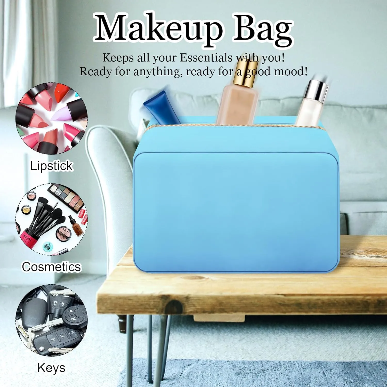 XSUIOY Makeup Bag Travel Bag Pouch for Purse, Cute Preppy Makeup Bag Cosmetic Zipper Pouch Purse Organizer Bag for Women, Waterproof Nylon Coin Pouch Sanitary Napkin Storage Bag for Work(Blue-Large)