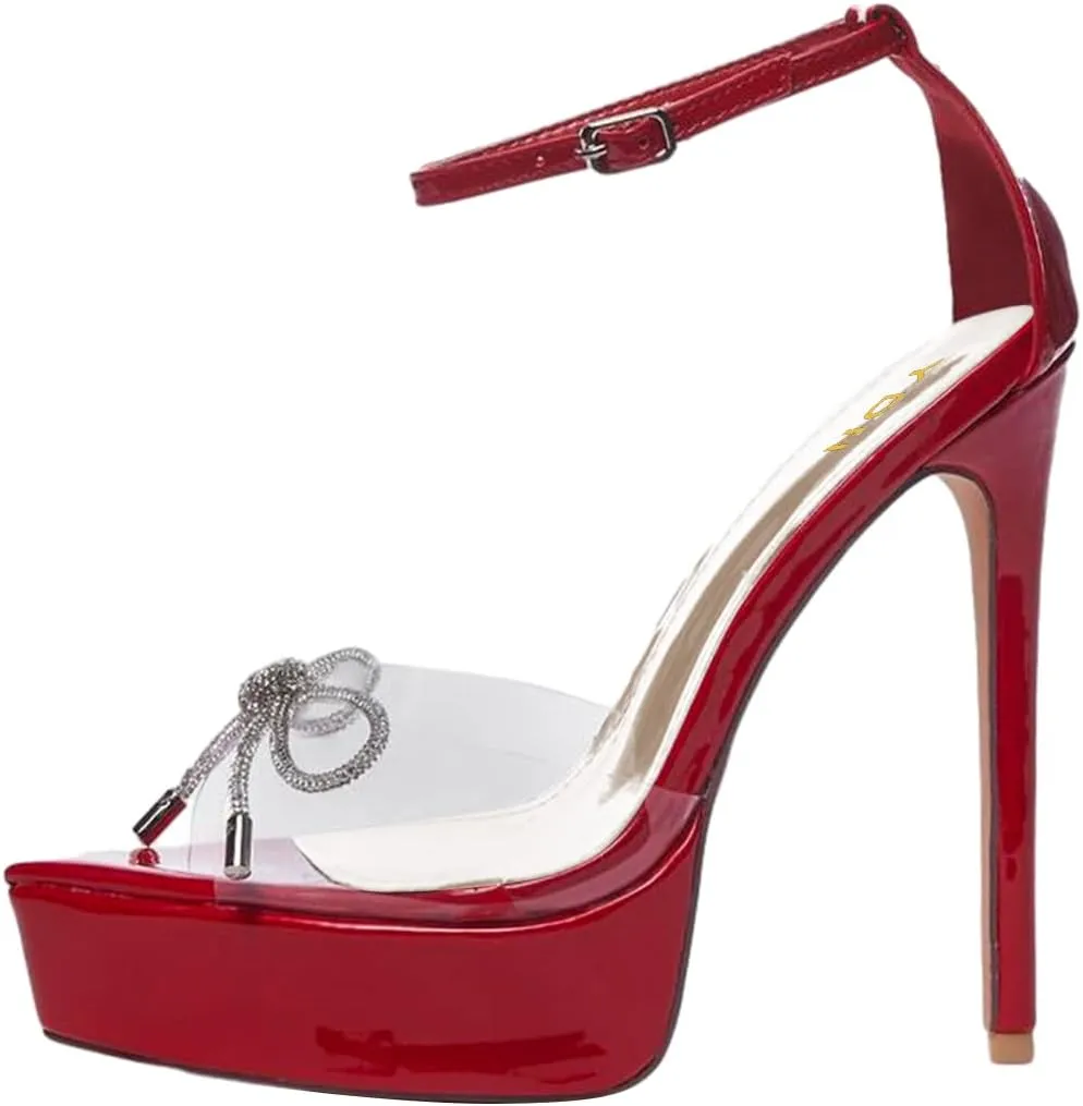 YDN Women Dressy Ankle Strap Sandals Peep Open Toe Platform Pumps Rhinestone Bow Stiletto High Heels Shoes Party Prom Size 4-15 US