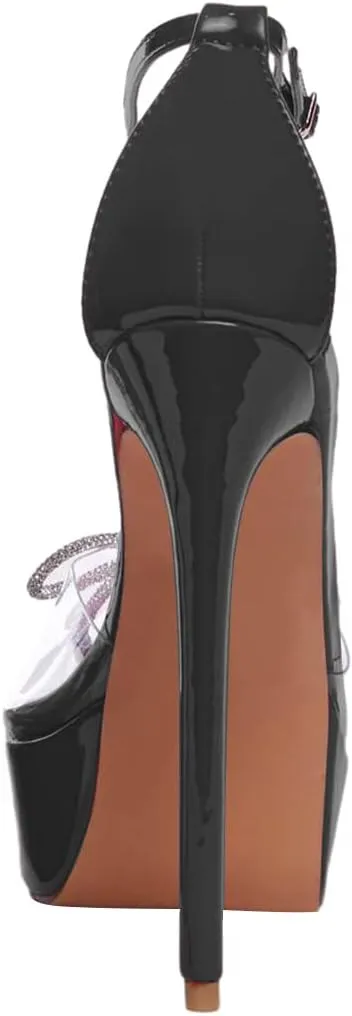 YDN Women Dressy Ankle Strap Sandals Peep Open Toe Platform Pumps Rhinestone Bow Stiletto High Heels Shoes Party Prom Size 4-15 US