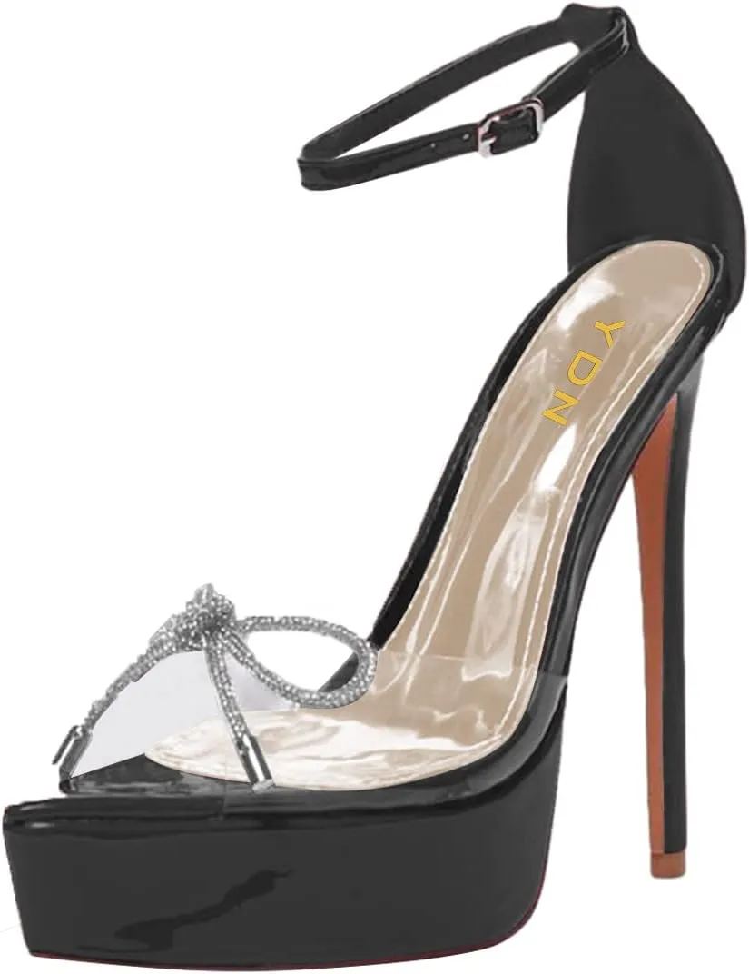 YDN Women Dressy Ankle Strap Sandals Peep Open Toe Platform Pumps Rhinestone Bow Stiletto High Heels Shoes Party Prom Size 4-15 US