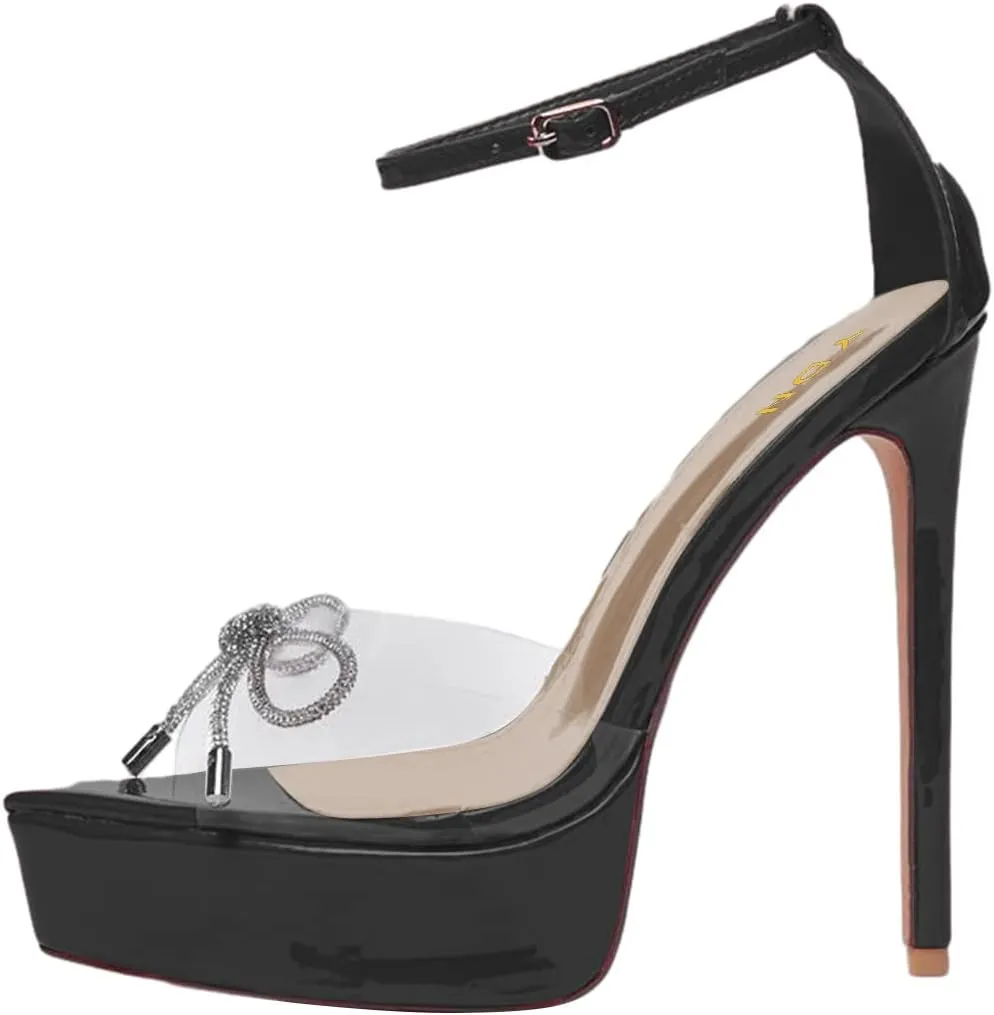 YDN Women Dressy Ankle Strap Sandals Peep Open Toe Platform Pumps Rhinestone Bow Stiletto High Heels Shoes Party Prom Size 4-15 US