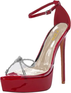YDN Women Dressy Ankle Strap Sandals Peep Open Toe Platform Pumps Rhinestone Bow Stiletto High Heels Shoes Party Prom Size 4-15 US