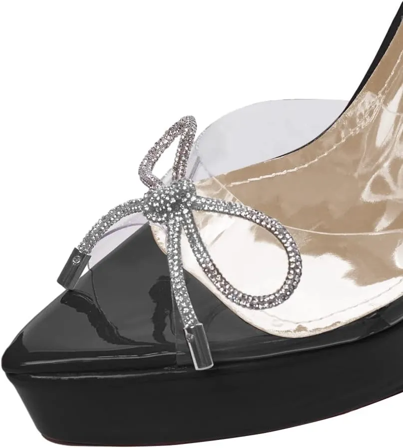 YDN Women Dressy Ankle Strap Sandals Peep Open Toe Platform Pumps Rhinestone Bow Stiletto High Heels Shoes Party Prom Size 4-15 US
