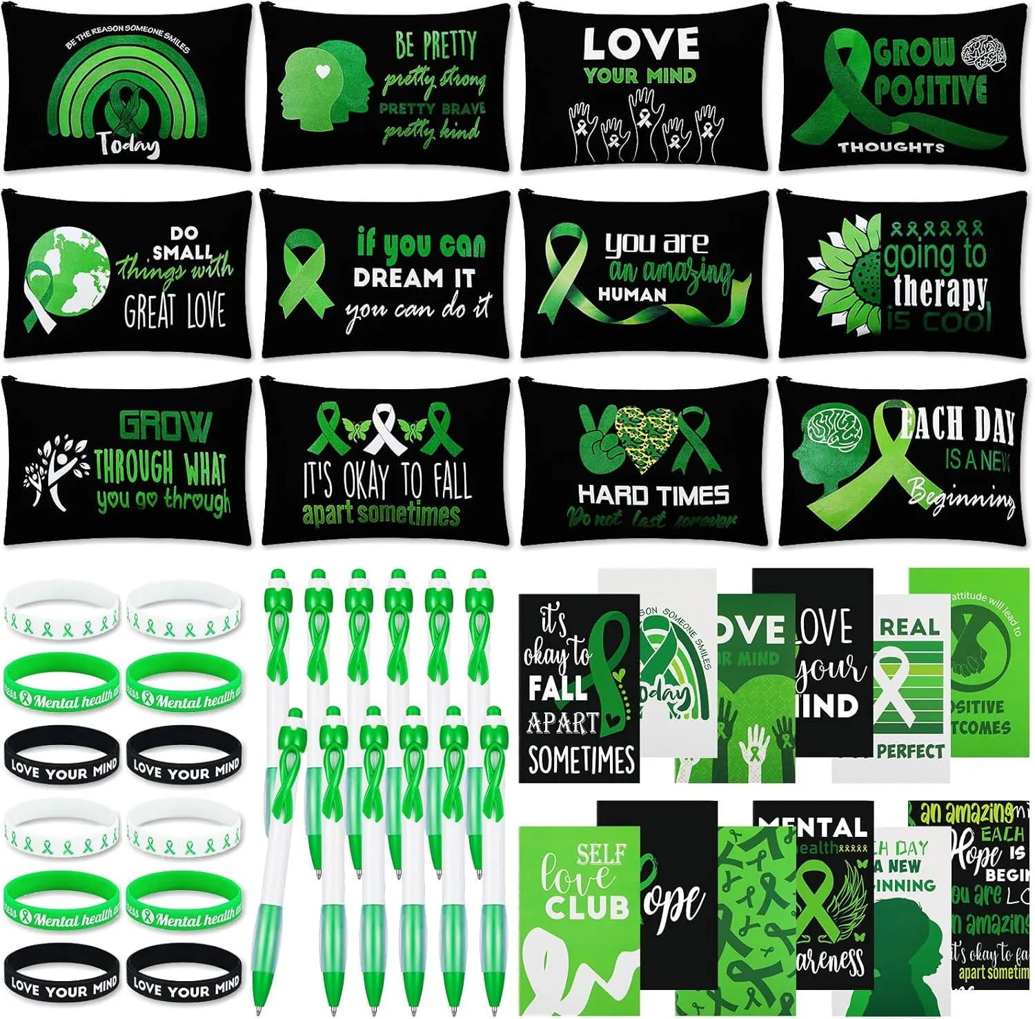 Yeaqee 48 Pcs Mental Health Awareness Appreciation Gift Sets Include Bracelets Makeup Bag Ballpoint Pens Journal Notebook for Gift Supplies