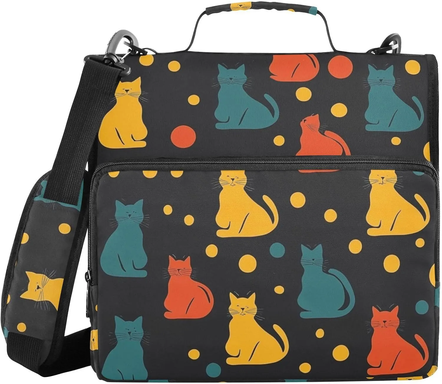 Yellow Green Cat Polka Dots Zipper Binder with Shoulder Strap Trapper Keeper 3 Ring Binder Organizer Large Capacity Multiple Compartments for School Office