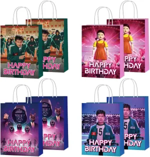 YUNKELIU 16Pcs Birthday Party Decorations, 4 Styles Happy Birthday Paper Bags with Handles Candy Goodie Bags for Fans Party Supplies