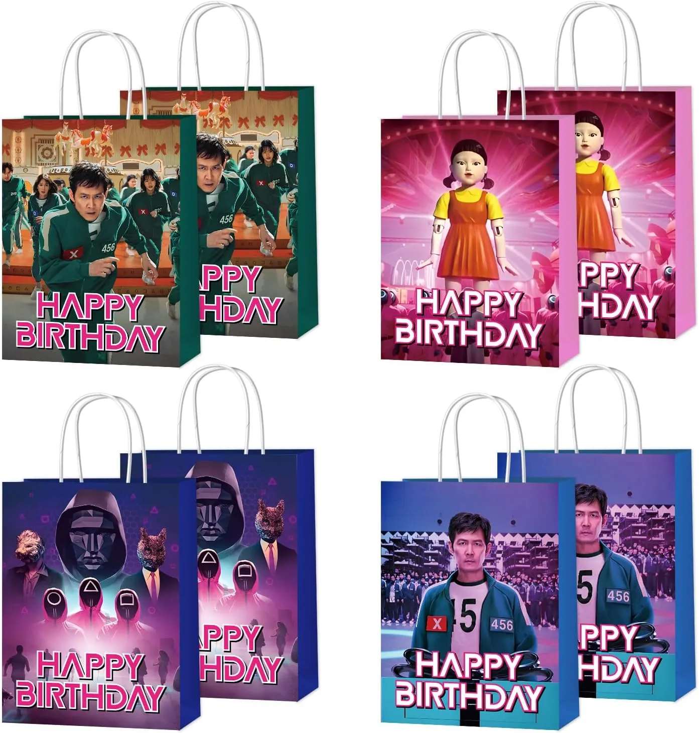 YUNKELIU 16Pcs Birthday Party Decorations, 4 Styles Happy Birthday Paper Bags with Handles Candy Goodie Bags for Fans Party Supplies
