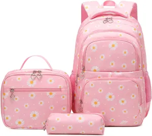 ZHANAO Daisy Backpack for Girls,Bookbag with Lunch Box Kids School Bag Set 3pcs Flower Girls Backpack Set School Daypack for Teens Girls