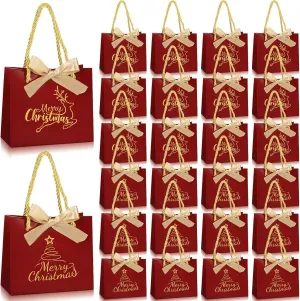 Zhanmai Small Christmas Gift Bags Bulk with Bow Ribbon Merry Christmas Red and Gold Foil Favor Bags Elk Candy Pouches with Handles 5x6 Inch for Xmas Holiday Party Birthday Gifts Supplies(24 Pcs)