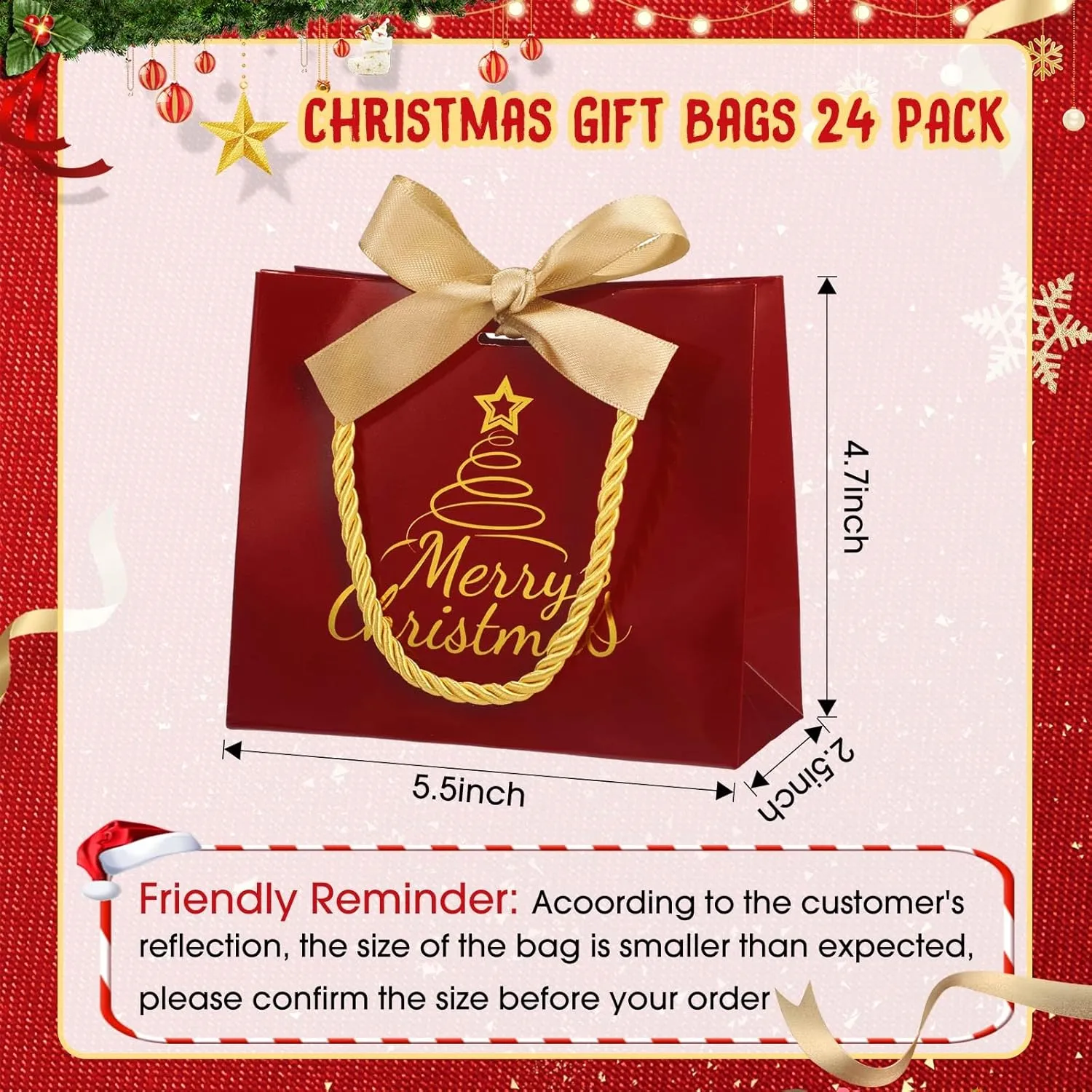 Zhanmai Small Christmas Gift Bags Bulk with Bow Ribbon Merry Christmas Red and Gold Foil Favor Bags Elk Candy Pouches with Handles 5x6 Inch for Xmas Holiday Party Birthday Gifts Supplies(24 Pcs)