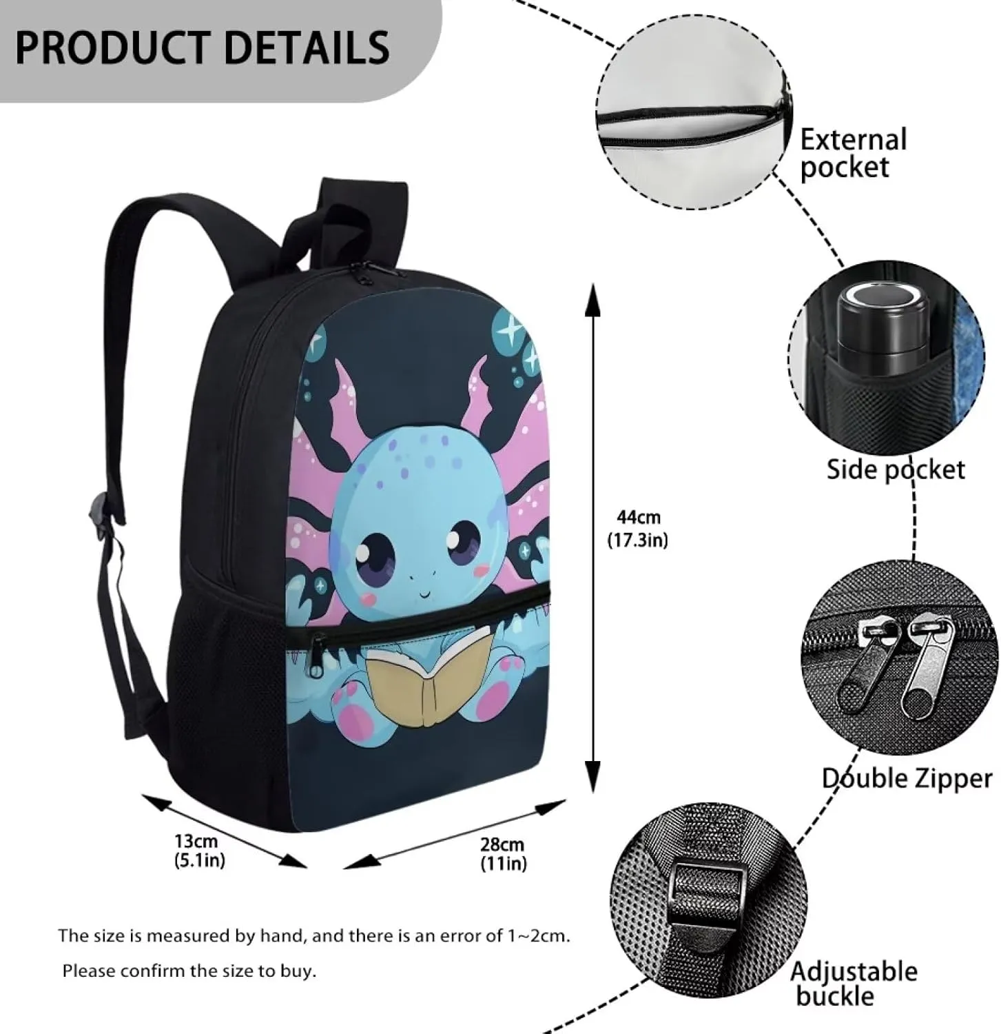 ZOUTAIRONG Reading Axolotl Middle Elementary School Bag for Girls Backpack for Boys 8-12 Kids 3Rd Grade/4Th Grade Lightweight Back Pack Bookbag Age 4-8 Student Schoolbag