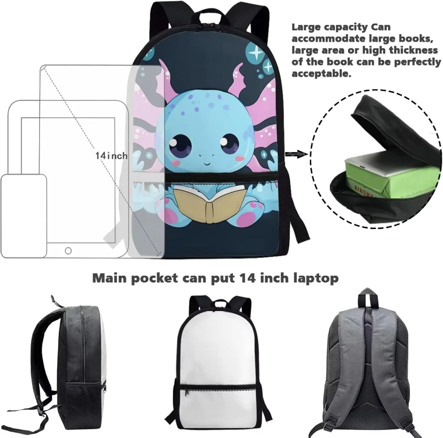 ZOUTAIRONG Reading Axolotl Middle Elementary School Bag for Girls Backpack for Boys 8-12 Kids 3Rd Grade/4Th Grade Lightweight Back Pack Bookbag Age 4-8 Student Schoolbag