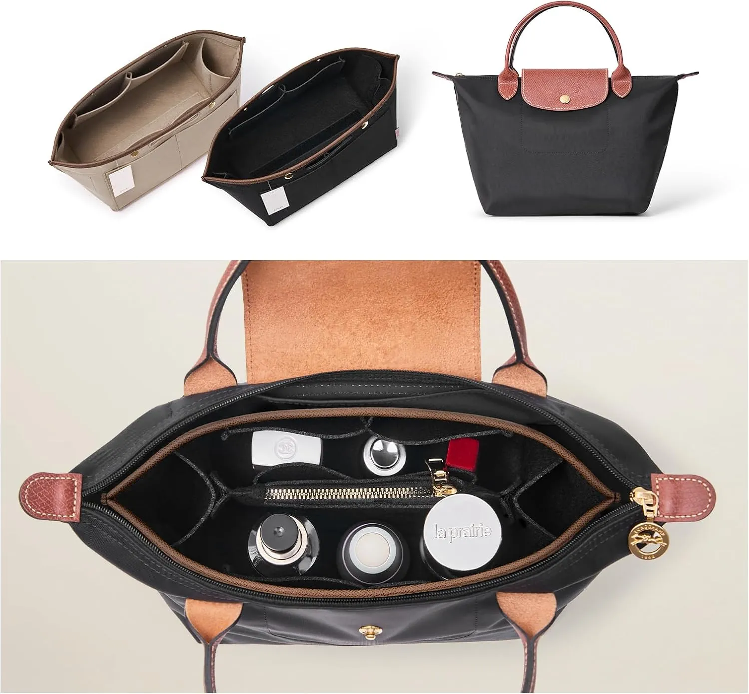 ZTUJO Purse Organizer Insert For Le Pliage, Compatible with Longchamp Le Pliage Shoulder Bag S/L, Top Handle S/M，Energy S/L, Xtra S, Longchamp Organizer Insert (Black, Small)