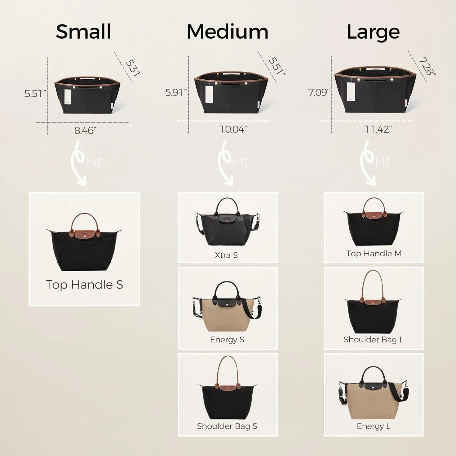 ZTUJO Purse Organizer Insert For Le Pliage, Compatible with Longchamp Le Pliage Shoulder Bag S/L, Top Handle S/M，Energy S/L, Xtra S, Longchamp Organizer Insert (Black, Small)